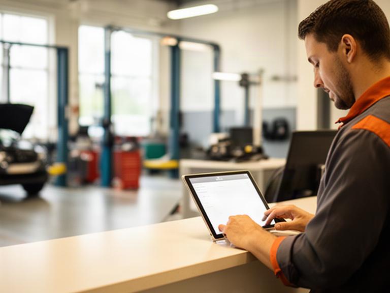 Automotive service adviser reviewing customer information at a bright repair shop reception desk