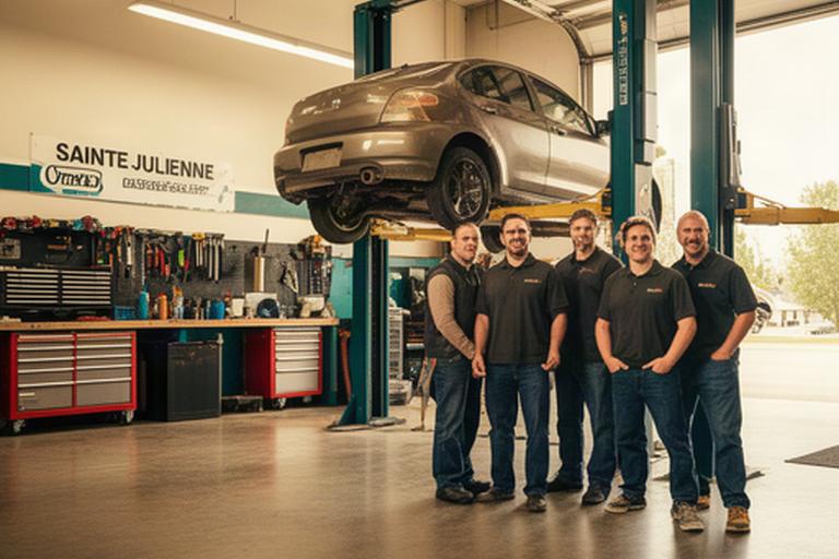 Automotive repair team standing inside a bright Sainte-Julienne service bay beside a lifted vehicle