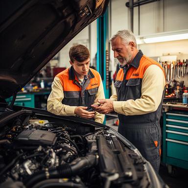 Apprentice technician Pavlik Elle learning diesel engine service beside a senior mechanic