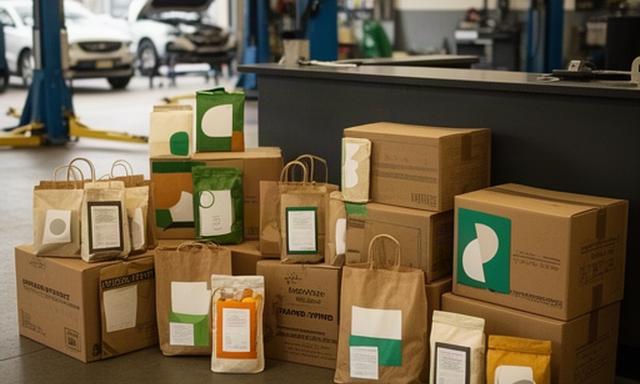 Neighbourhood food bank collection boxes arranged inside a local automotive shop