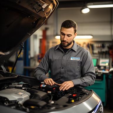 Automotive technician Ekram Pawl inspecting a hybrid vehicle in a Sainte-Julienne workshop