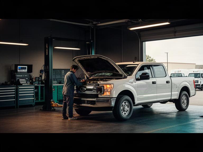 Mechanic inspecting a white commercial pickup truck inside a Sainte-Julienne service bay