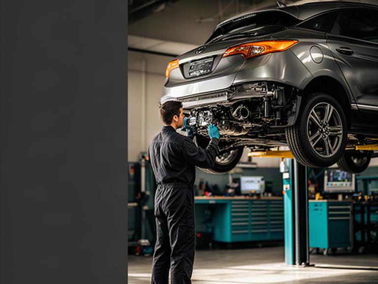 Certified technician inspecting a modern car on a lift inside a clean Sainte-Julienne repair shop