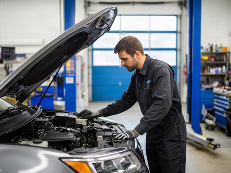 Automotive technician inspecting a vehicle inside a clean Sainte-Julienne repair shop