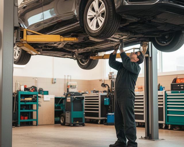 Mechanic inspecting a vehicle on a lift inside a clean Sainte-Julienne repair shop