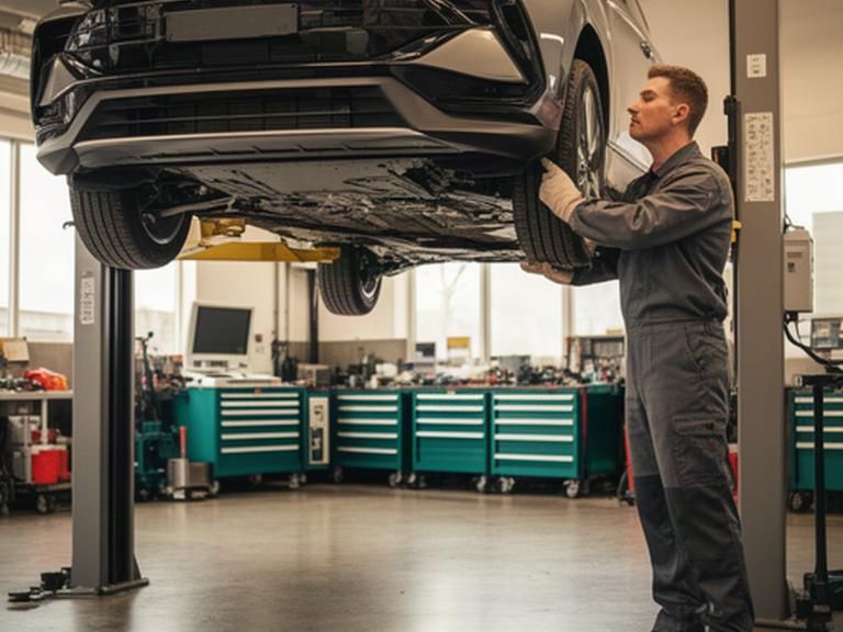 Mechanic inspecting a vehicle on a lift inside a bright Sainte-Julienne automotive workshop